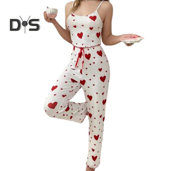 

2 шт./комплект женский жилет брюки костюм бант сердечко принт без рукавов сборка кант топ брюки с высокой талией домашняя одежда одежда для отдыха летняя одежда для сна L красный/белый