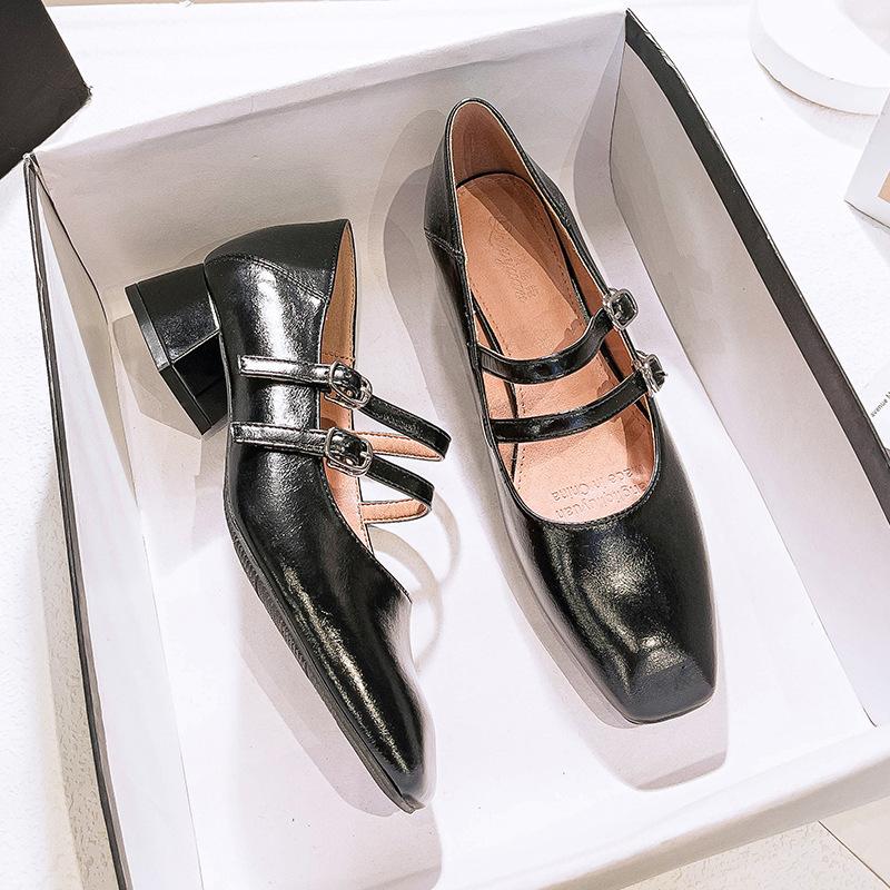 Square head word with high heels thick heel French retro Mary Jane women's shoes 2025 new spring and autumn low heel single shoes