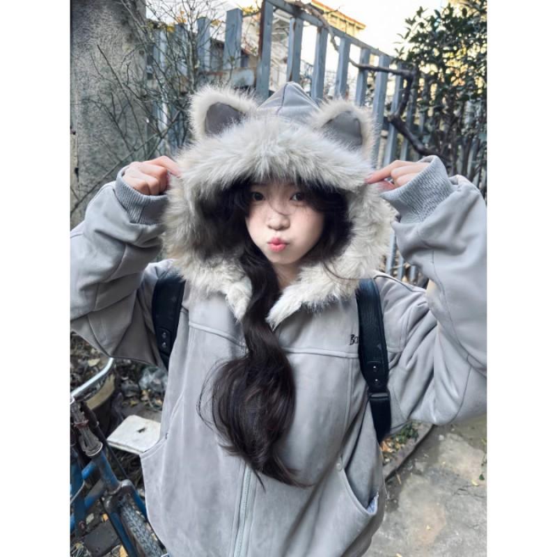 Womens Faux Suede Hooded Puffer Coat With Fur Trim Short Thick Winter Jacket Casual Streetwear Small