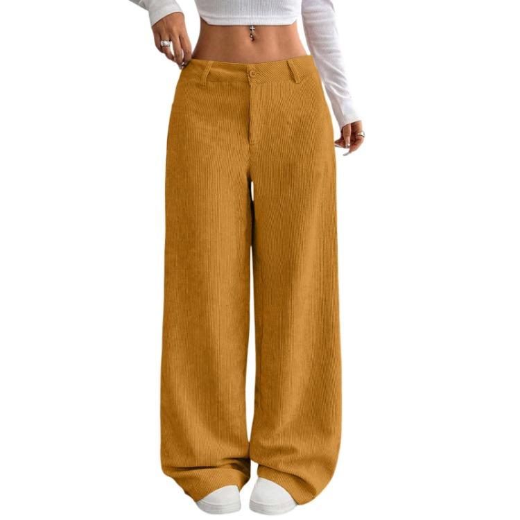 Pantaloni a Coste da Donna Larghi Comodi Casual Vita Elastica Gamba Dritta Con Tasche