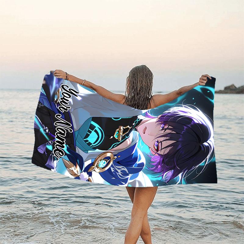 1pc Genshin Impact4 Beach Towel with Custom Name, Beach/Swimming/Bath/Picnic/Camping Towel, Suitable for Seaside Beaches