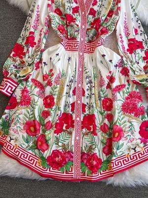 Spring Autumn Dresses Women V-neck Lantern Long Sleeves Floral Single Breasted High Waist Vintage Gorgeous Party Mini Dress Robe