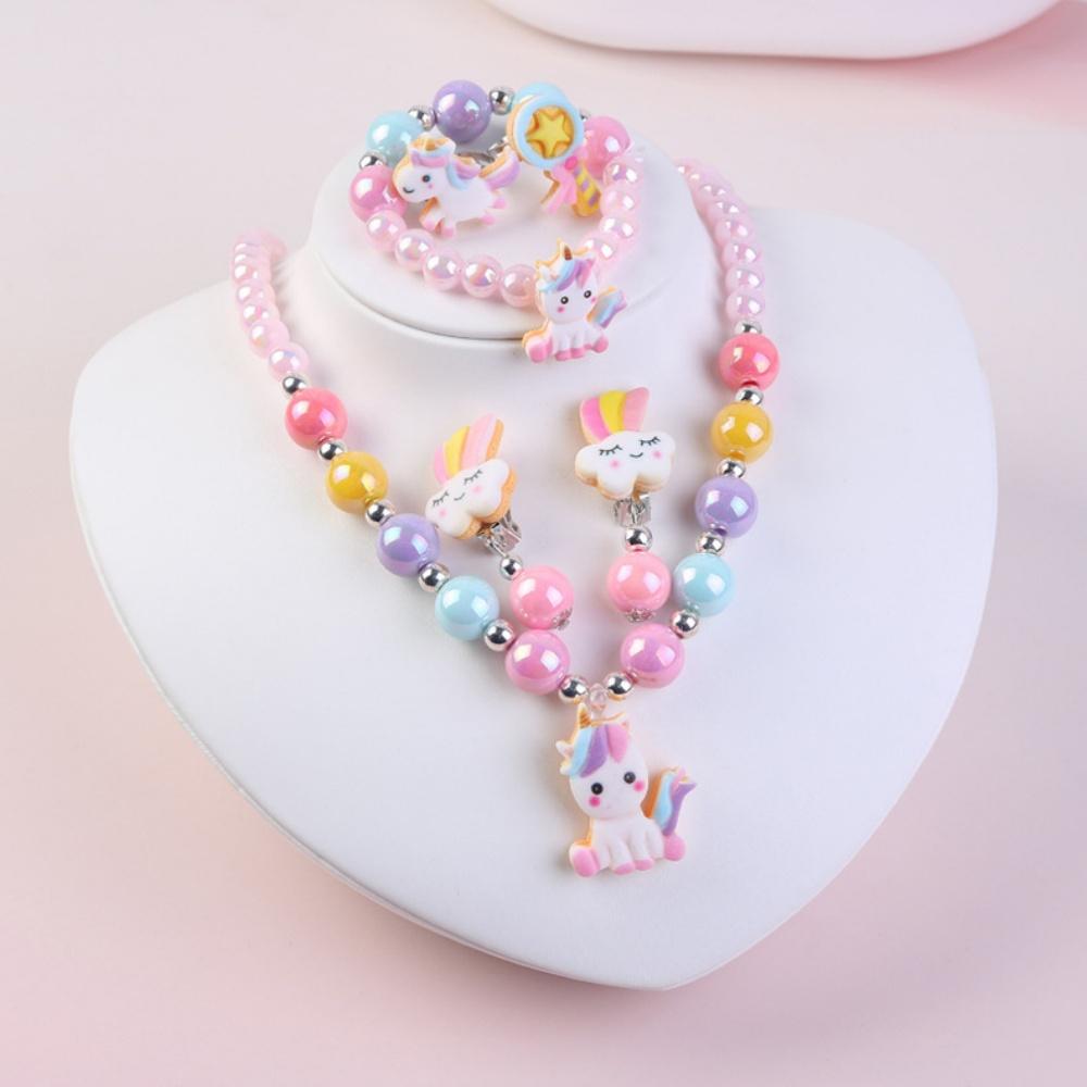 Ensemble Collier Bracelet pour Enfants Mignon Dessin Animé Licorne Filles Collier Étudiant Perles Zircon