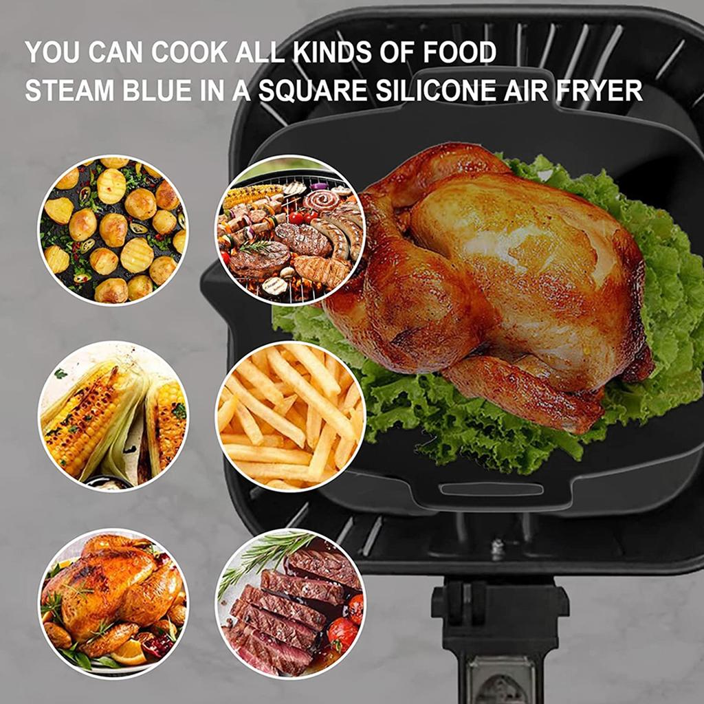 Silicone Air Fryer Pot Tray Food Safe Reusable Rectangle BBQ Barbecue Pad Plate Airfryer Oven Baking Mold Basket Pan for Kitchen