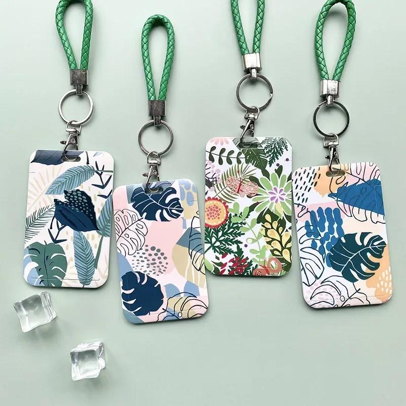 Women Green Cards Protecting Credit Card Holder with Lanyard String Student Plant Print Bus ID Name Badge Plastic Card Cover