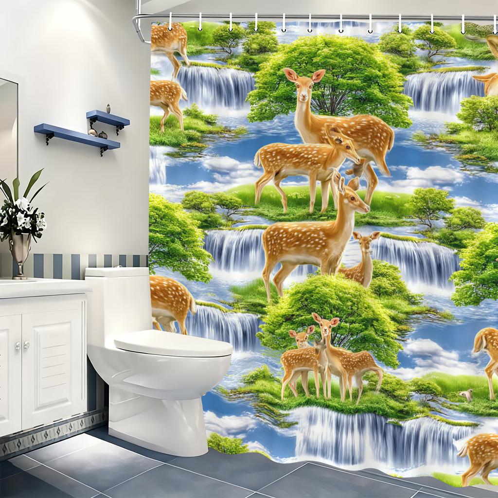 Vibrant Forest & Wildlife Themed Polyester Shower Curtain - Natural Scenery Bath Curtain For Bathroom Decor