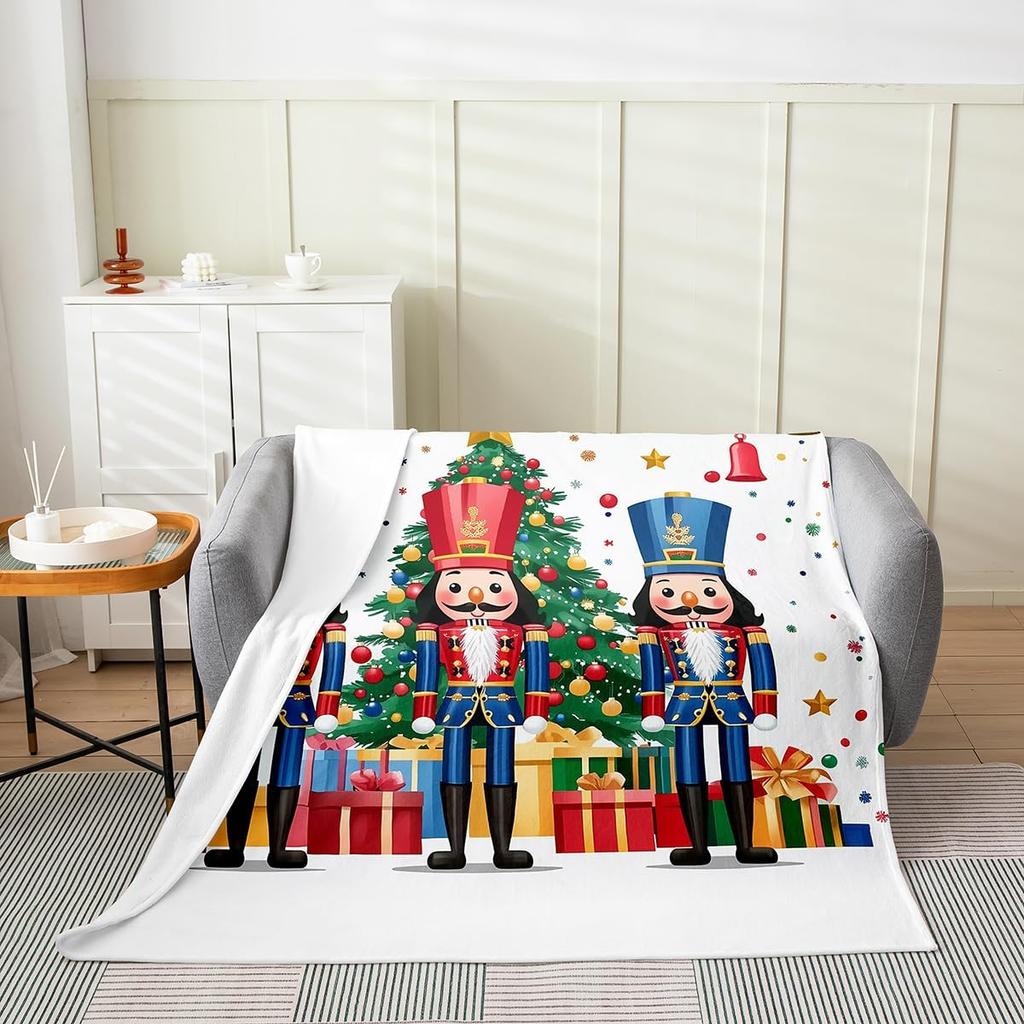Gingerbread Xmas Flannel Blanket Blue Christmas Tree Candy Throw Blanket Western New Year Theme Cozy Throws for Bed Couch Sofa