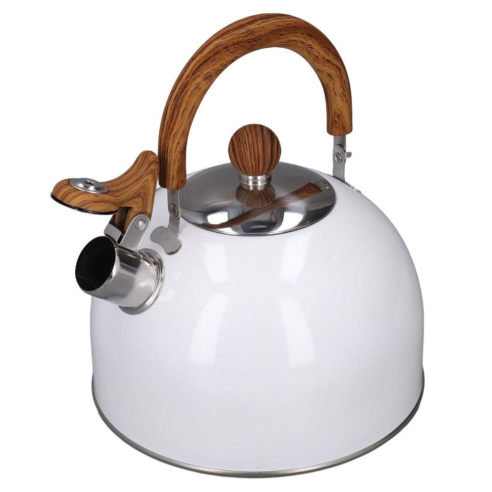 2.5L Capacity Whistling Kettle 304 Stainless Steel White Color Whistling Tea Kettle Ergonomic Handle Foldable Handle