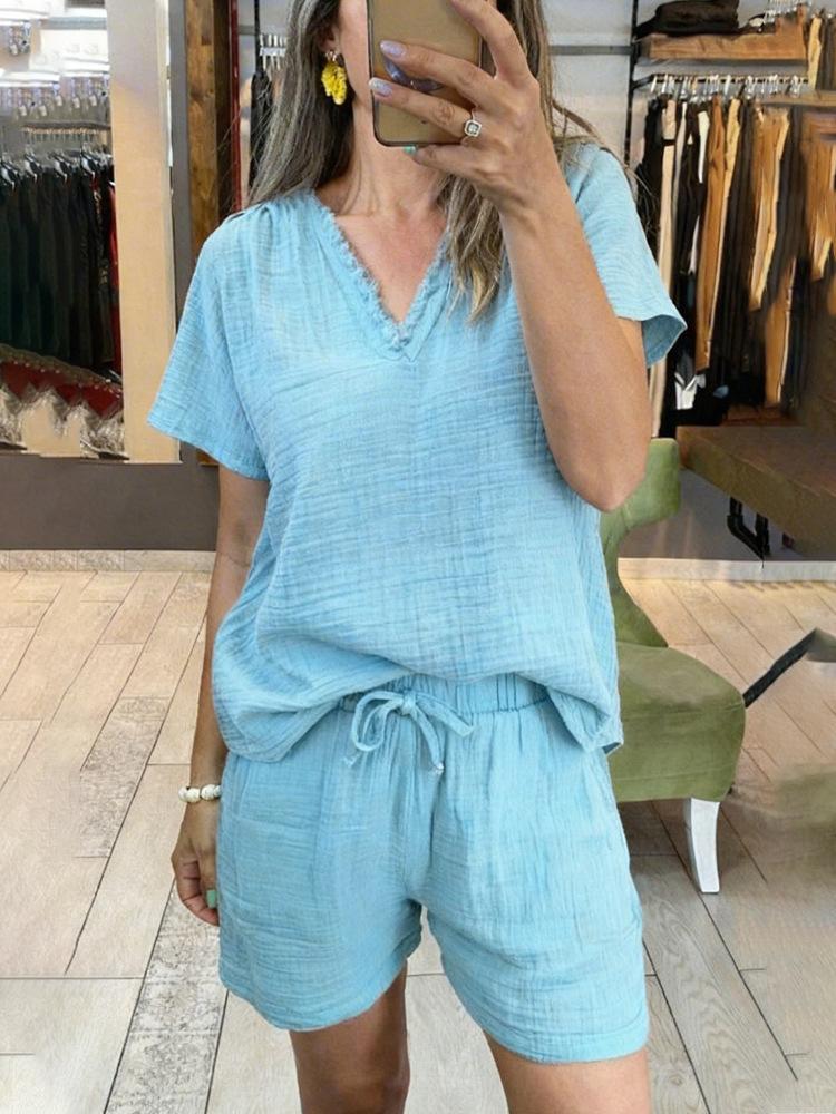 Women Casual V Neck Short Sleeve Top And Shorts Two Piece Set