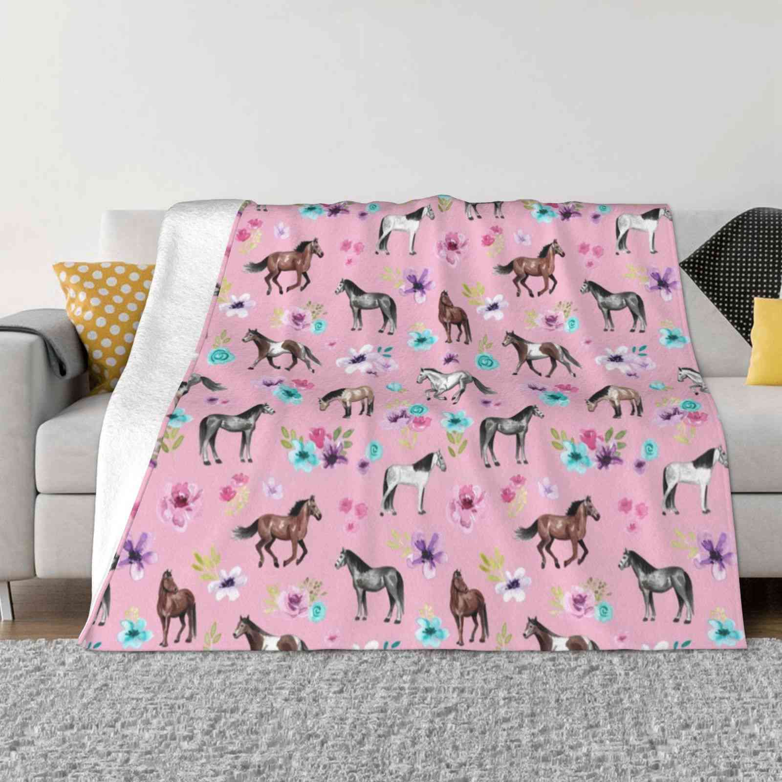 Horses And Flowers On Pink , Equestrian Art , Horse Decor , Cowgirl , Horse Pattern Soft Warm Light Thin Blanket Western 30x40in
