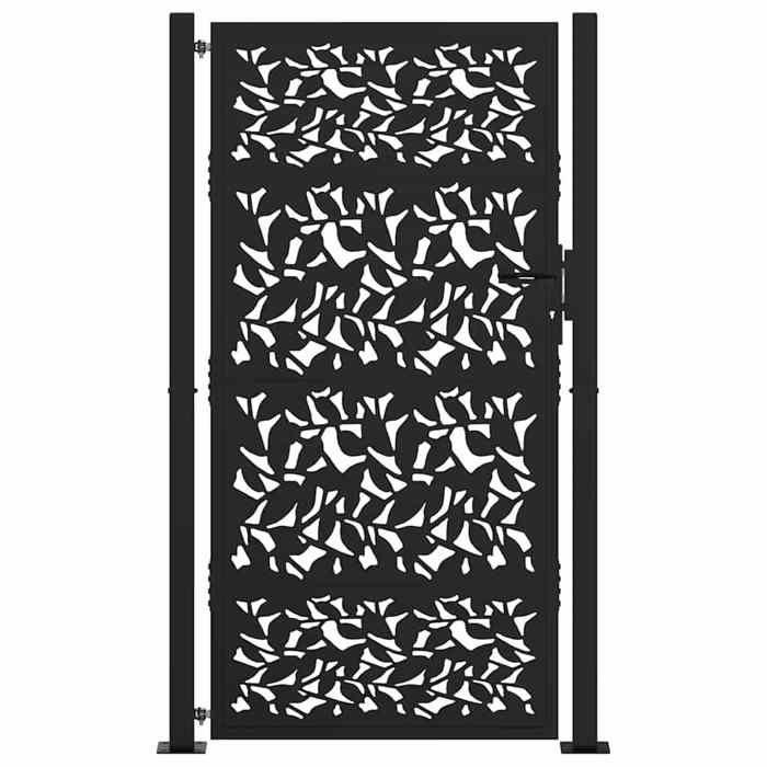 VidaXL Portail de jardin noir 105x180 cm acier conception de feuilles, porte de clôture, porte extérieure, porte en métal, 4100962
