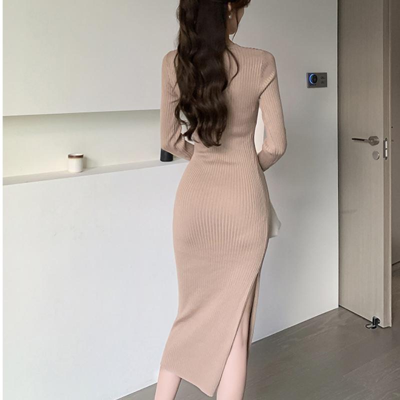 Spring Square Neck Knitted Sexy Dress Women Fashion Autumn Slim Fit Base Women's Sweater Dresses Elegant Long Sleeve Solid Winter Casual Dress 25955