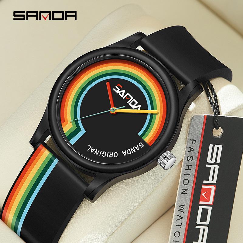 SANDA Rainbow Silicone Strap Unisex Waterproof Minimalist Fashion Watch