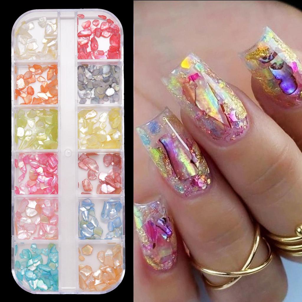 Ultra-Thin Abalone Nail Art Kit: 12-Grid Mixed Ornaments with Shells, Rivets, Pearls, and Rhinestones.