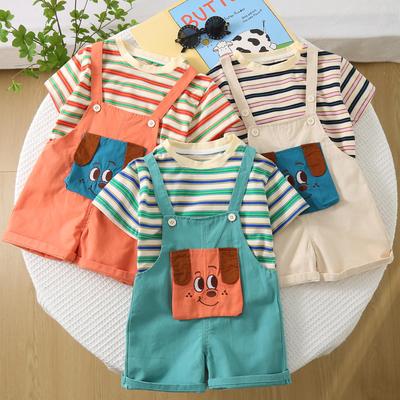Boys' 2-Piece Cotton Set - Short Sleeved Striped Round Neck Top+Cartoon Dog Overalls - High-Quality Baby Clothes -S-XXL