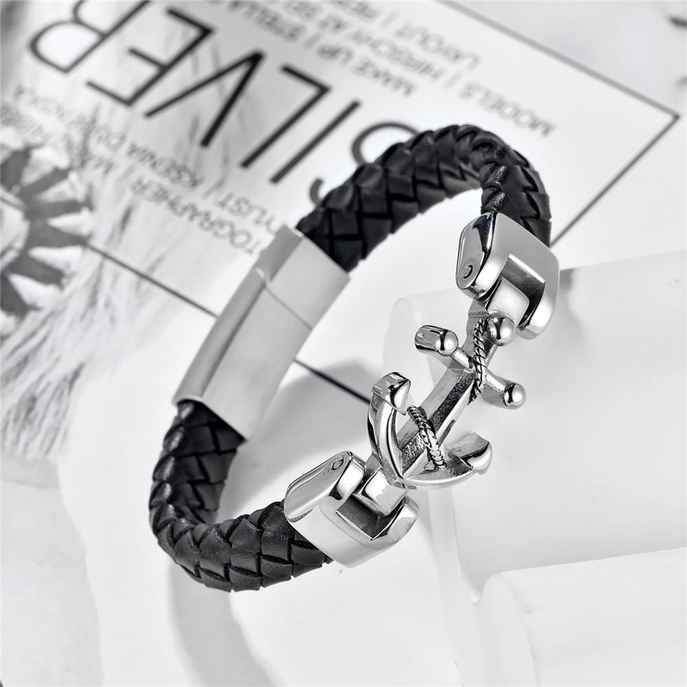 Punk Herren Armbänder Edelstahl Anker Armbänder Armreifen Geflochtene Lederseil Armbänder Für Damen Herren Geschenke