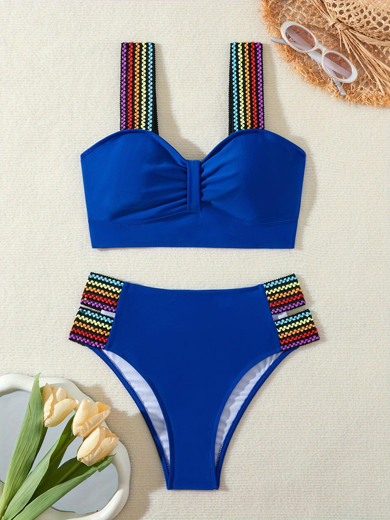 

Европейский и американский женский разноцветный раздельный купальник с высокоэластичной тесьмой M синий