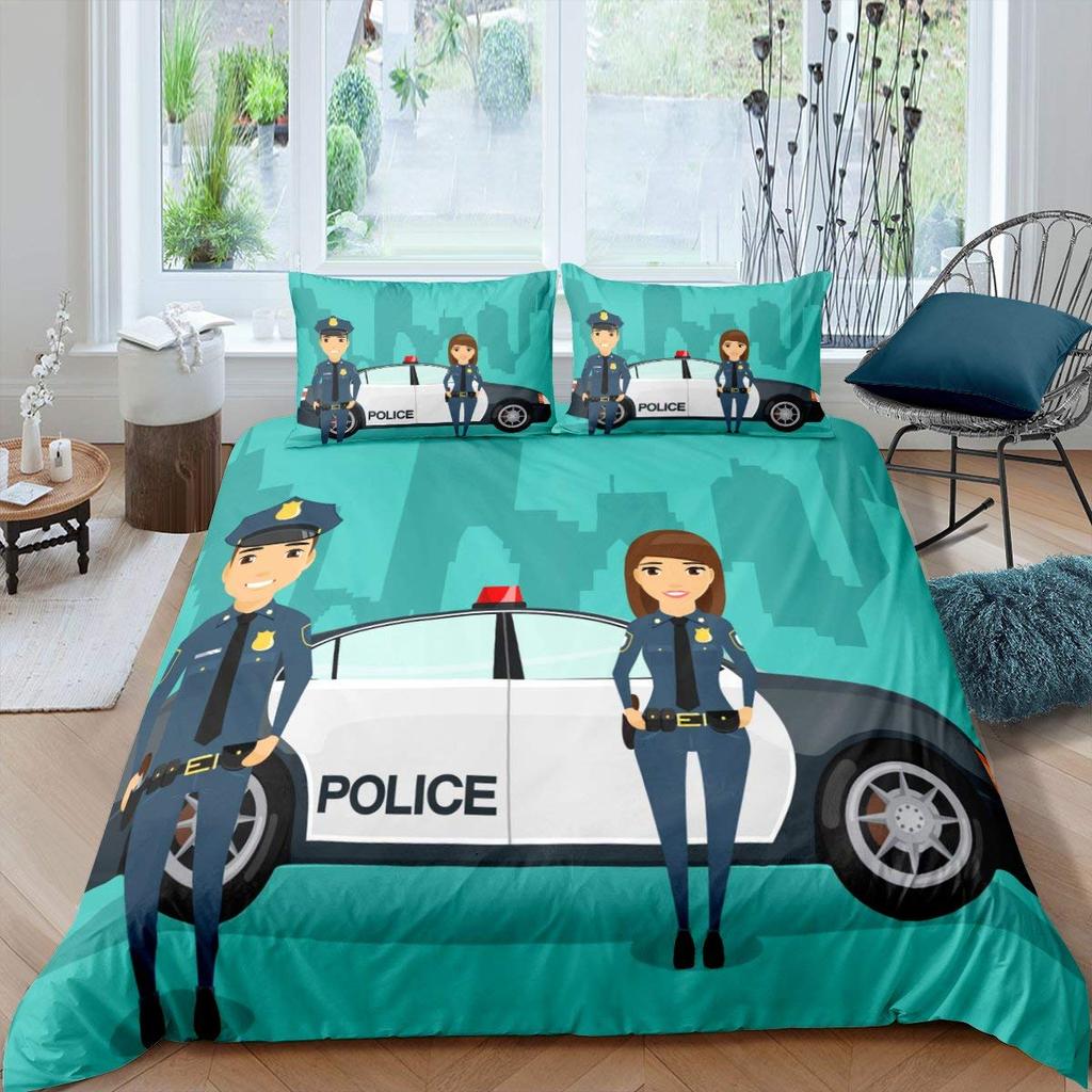 Police Car Duvet Cover Cartoon Set Car Blue Grey Emergency Responder Vehicles Polyester Quilt Cover With Pillowcases King Size