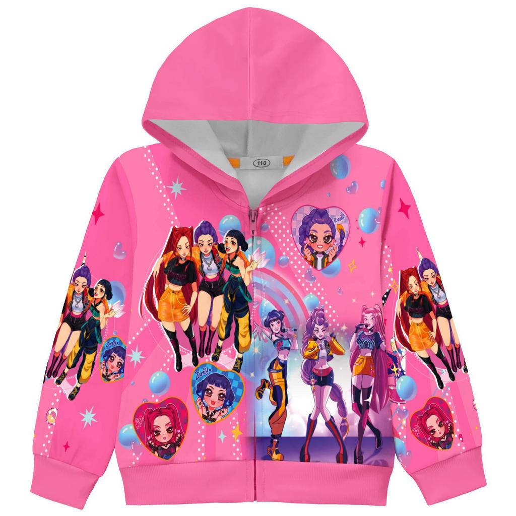 Kids Girls POP Singer Rumi Zoey Mira Printed Casual Hooded Zipper Long Sleeves Jacket Coat Clothes Sale