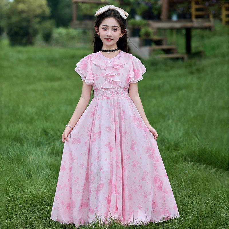 Mädchen Sommerkleid mit Blumenprint, Prinzessinnenstil, kurzärmelig, A-Linie, für größere Kinder
