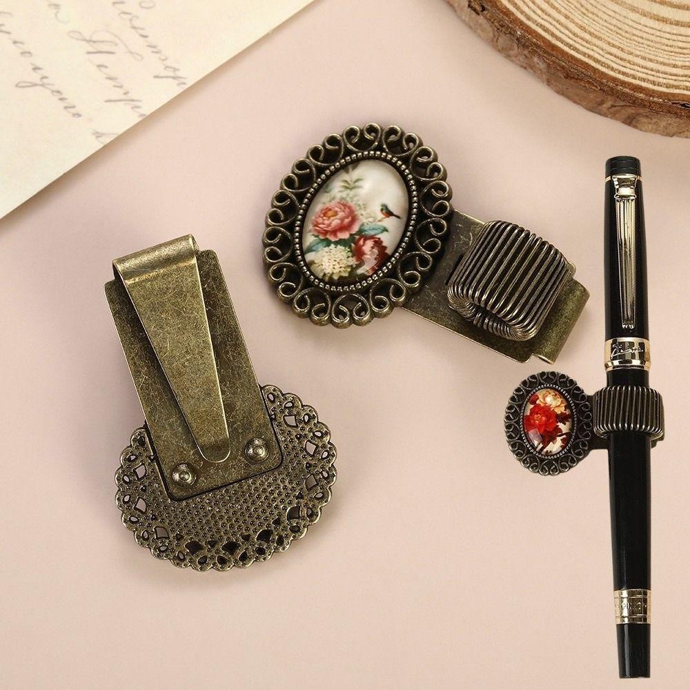 Multi-functional Pen Loop Holder Metal Vintage Floral Pen Clip Pencil Holder  Student Stationery