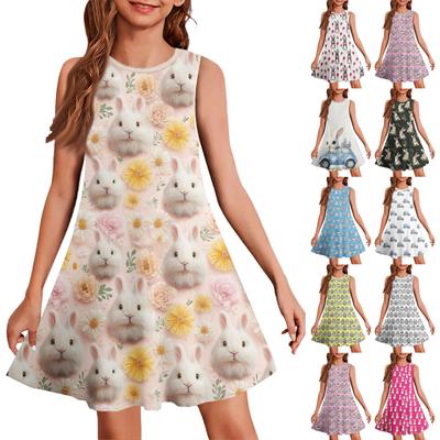 Ärmelloses Sommerkleid für Mädchen mit Aufdruck in Farbe, legeres Kleid