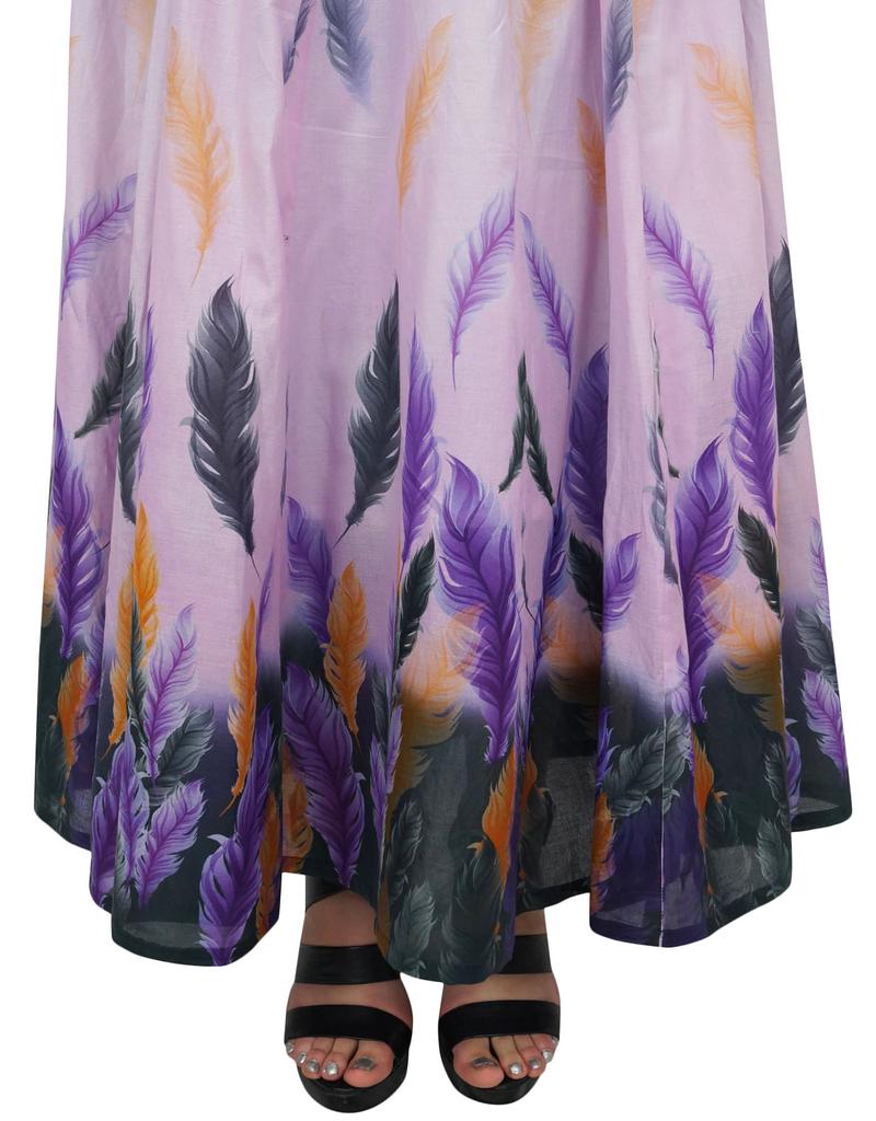 Bimba Women's Purple Feather Printed Cotton Elastic Waist Summer Long