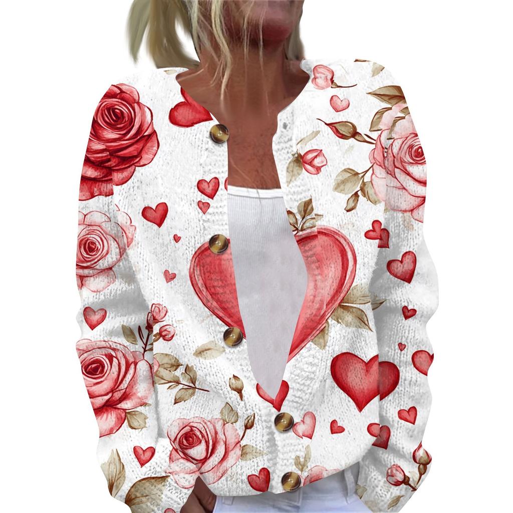 Women's Fashion Valentine's Day Heart Printed Long Sleeve Knitted Cardigan Button Jacket