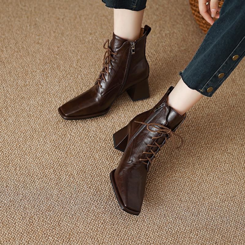 Mote Høst/Vinter Dame Støvletter Firkantet Tå Høy Hæl Sko for Kvinner Svarte Lærstøvletter Dame Snøring Håndlagde Sko Botas de mujer