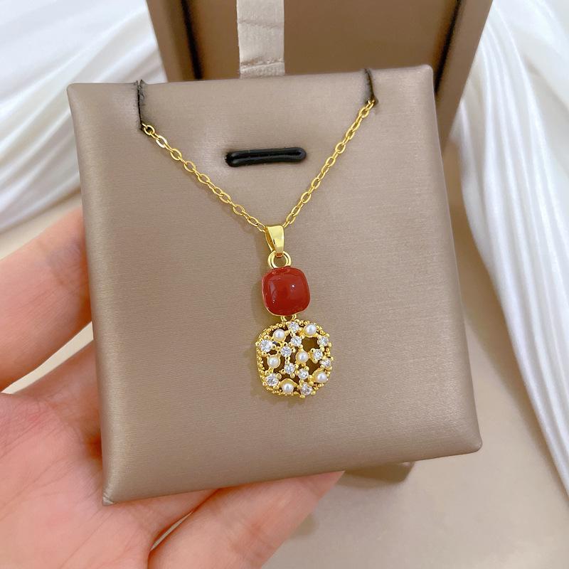 Geometrisches Vintage Rotes Emaille Zirkon Quadrat Halskette Ohrstecker für Damen Y2K Edelstahl Kette Schmuckset Geschenke
