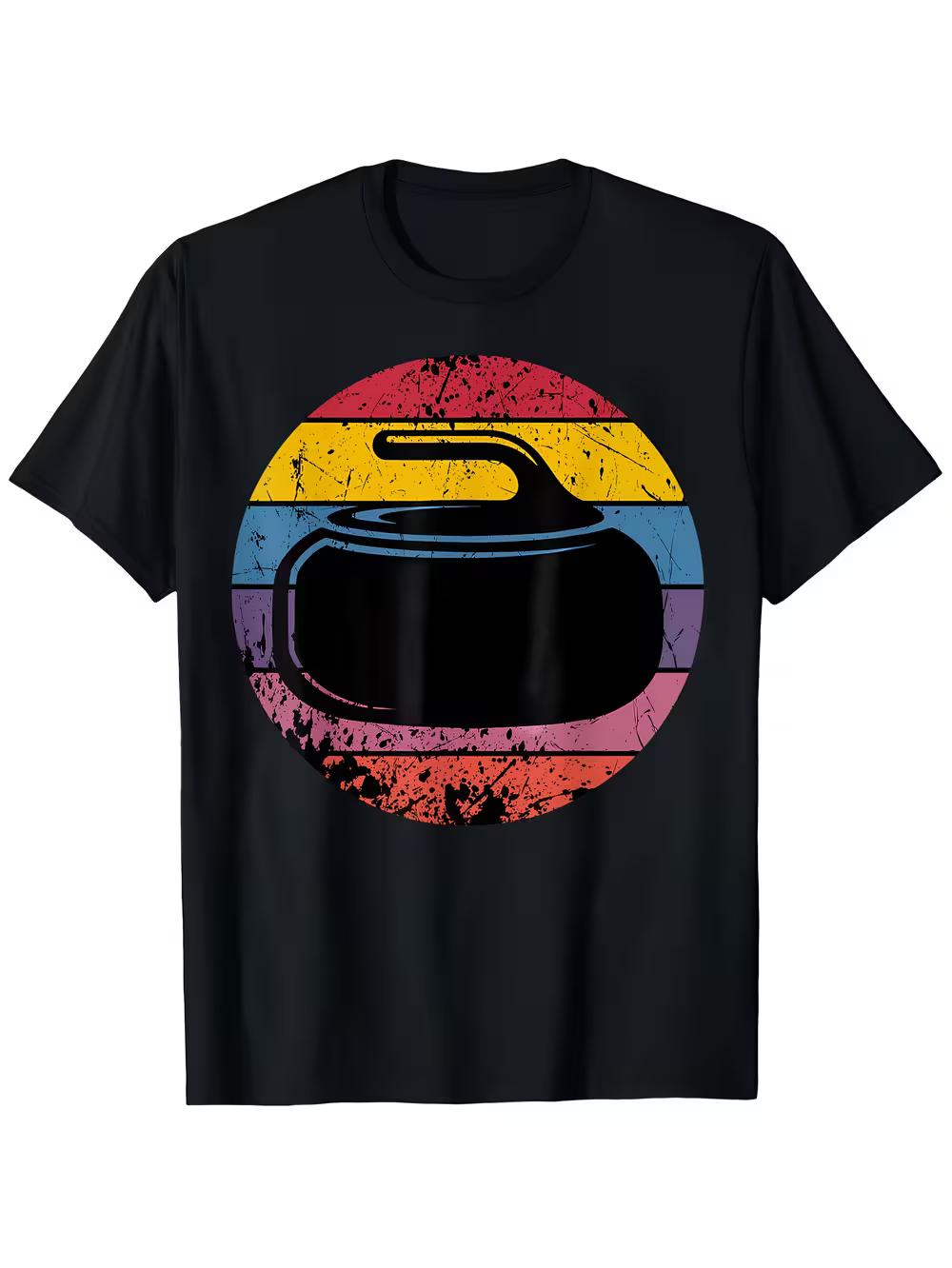 

Men & Women Vintage Curling Stone & Print T-Shirt - Short Sleeve Casual Round Neck Tee with Curling M