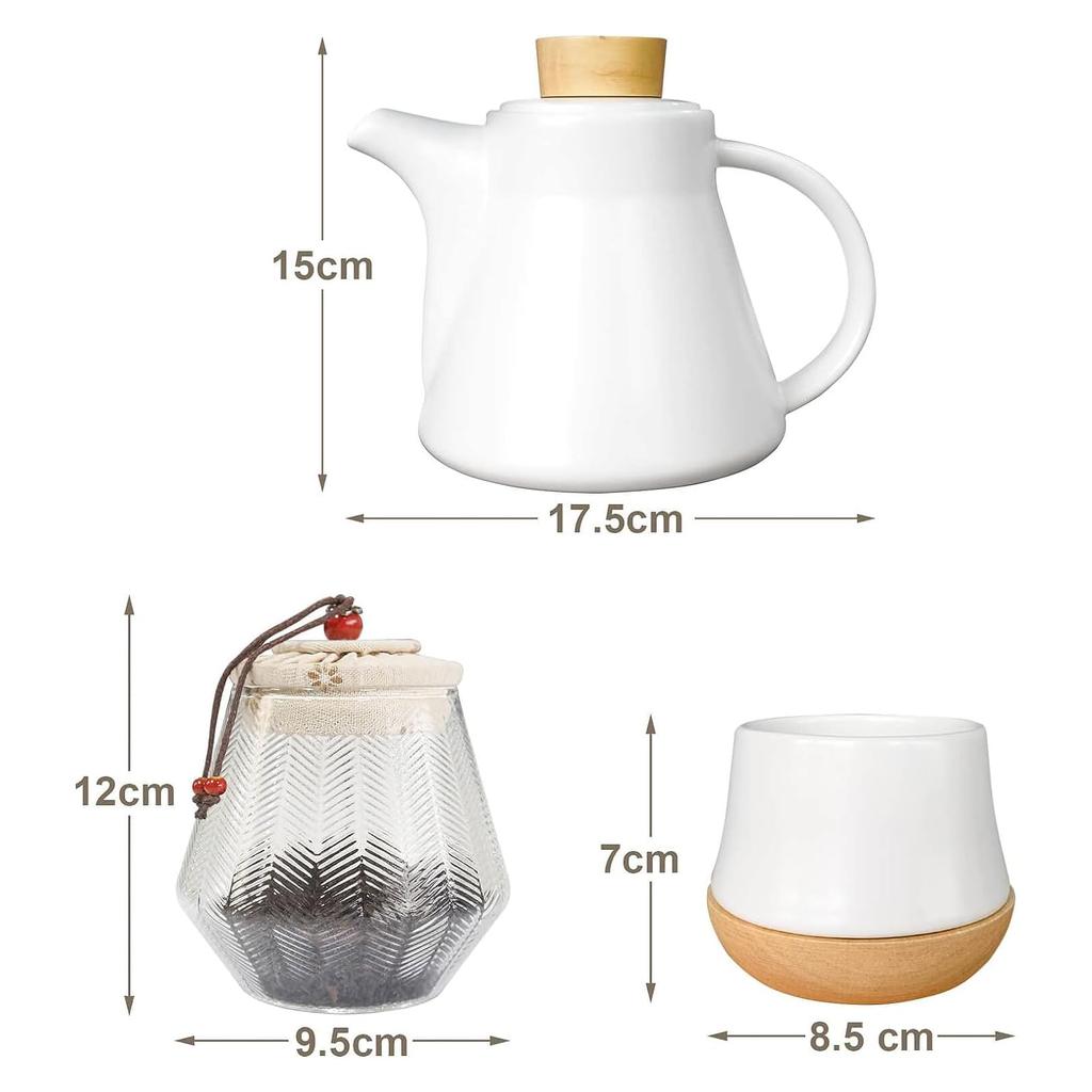 SOTECH Outdoor Travel Tea Set, Modern Chinese Tea Set with Elegant Ceramic Teapot, Teacups with Wooden Coasters, Glass Tea Tin, and Wooden Arm Metal