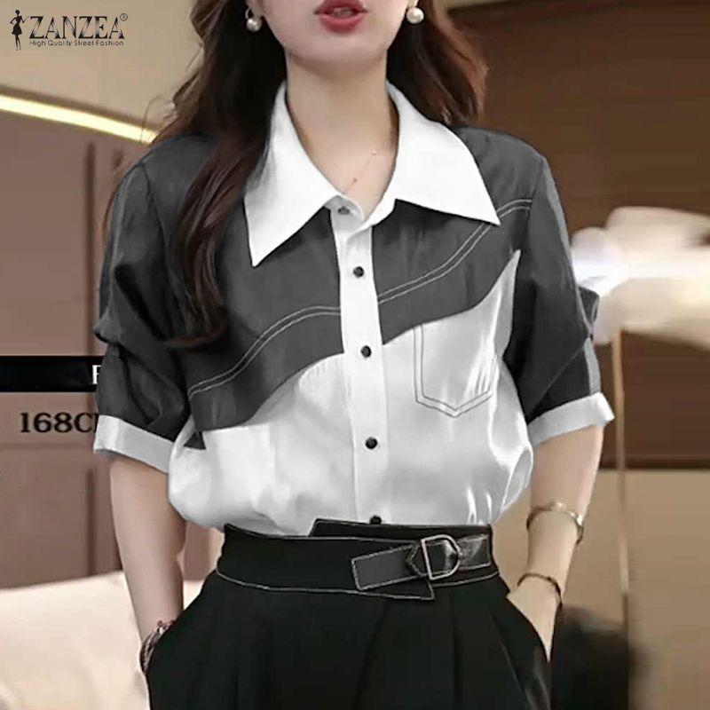ZANZEA Women Turn Down Collar Casual Short Sleeve Patchwork Blouse