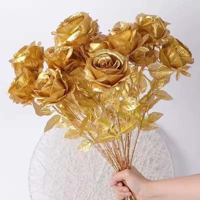 Heads Golden Silver Rose Artificial Flower DIY Wedding Floral Arrangement Material Silk Bridal Bouquet Photo Prop Home Deco
