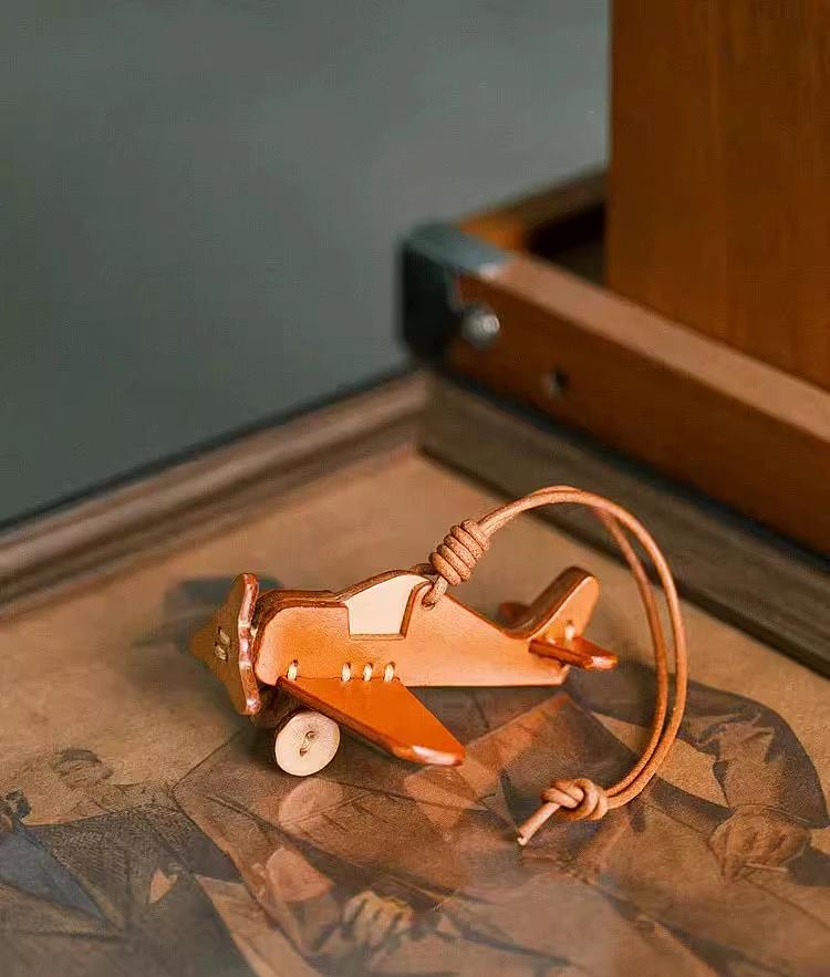 Genuine Top Grain Leather Airplane Keychain -Handcrafted Vintage Bag Charm, Luggage Tag