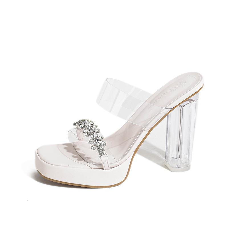 

Summer One-Word With High-Heeled Slippers Waterproof Table Crystal Thick Heel Medium Heel Small Size Transparent Sandals Women 40