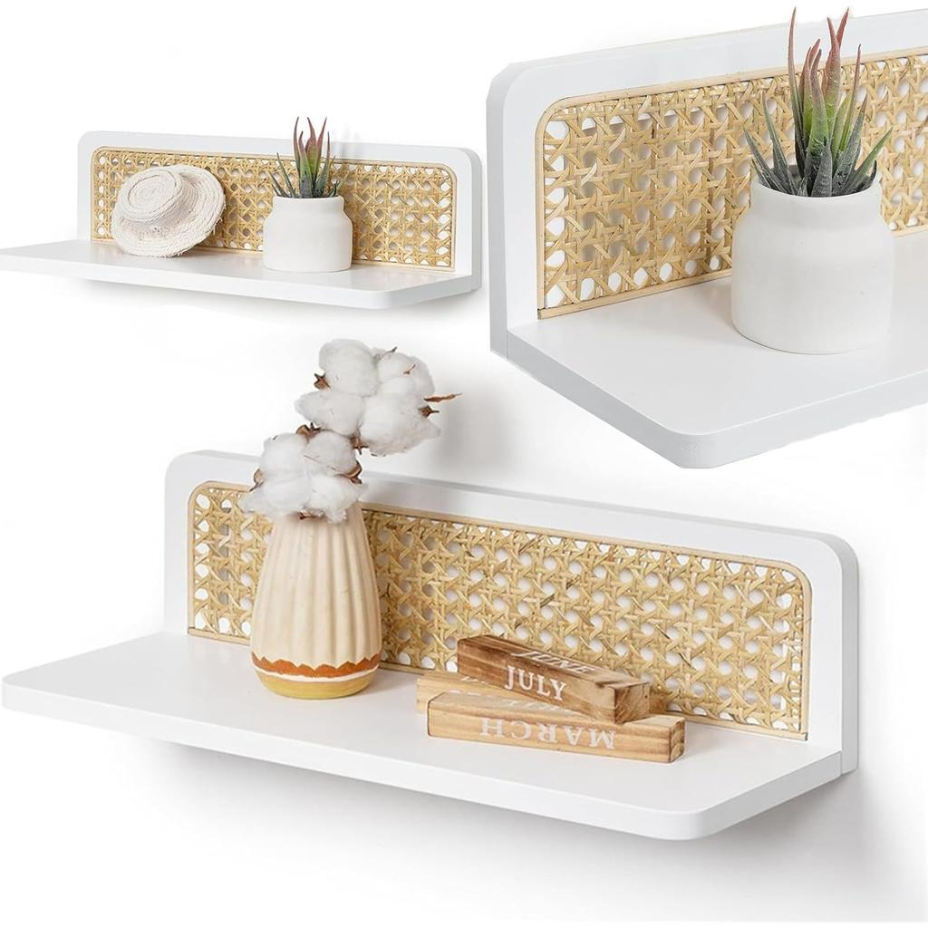 Modern Floating Wall Shelves Set of 2,40cm White Home and Kitchen Room Decor,Handmade Wickerwork Wall Mounted Shelves,Hanging Storage Shelves
