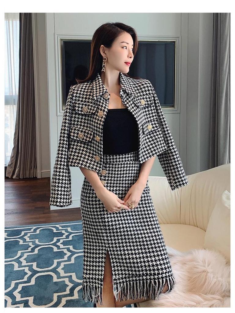 2021 Spring Houndstooth Skirt Suit: Chic Xiaoxiang Celebrity Style, Slim Fit for Women