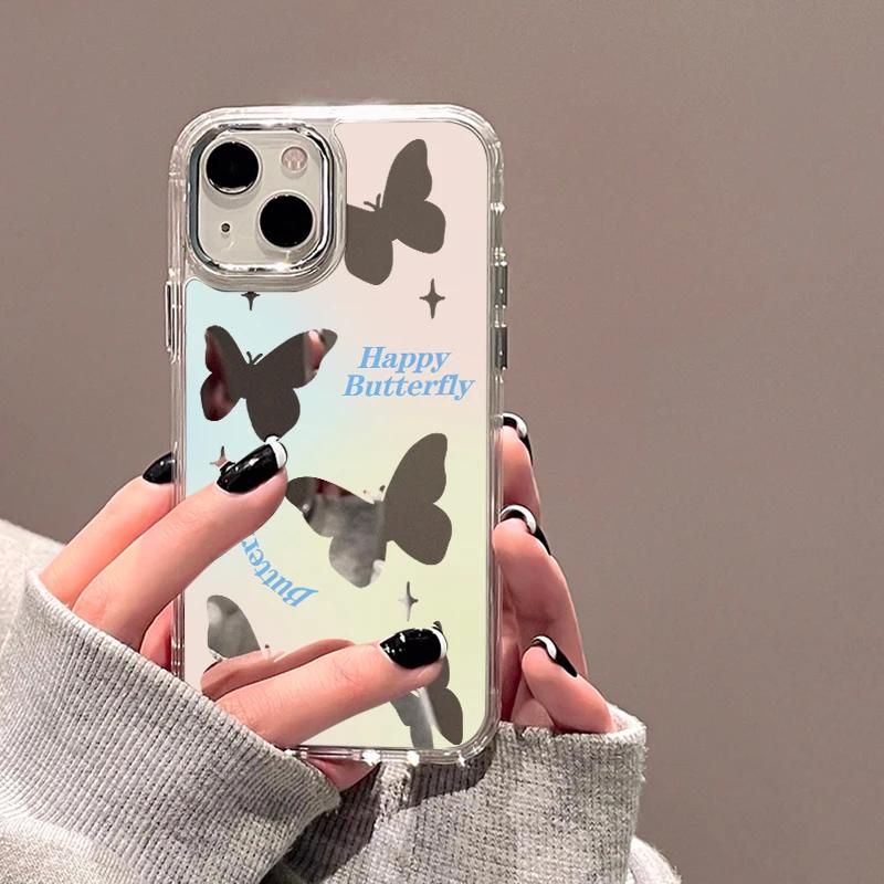 For iPhone 16 Pro 13 Case Luxury Mirror Silver Butterfly Phone Case iPhone 15 14 11 12 Pro Max 16 Plus XR X XS Shockproof Cover