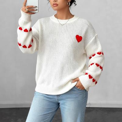 Kontrastfarbener Jacquard-Pullover für Damen mit Herzmuster und Stickerei, Oversized, Lässiges Oberteil