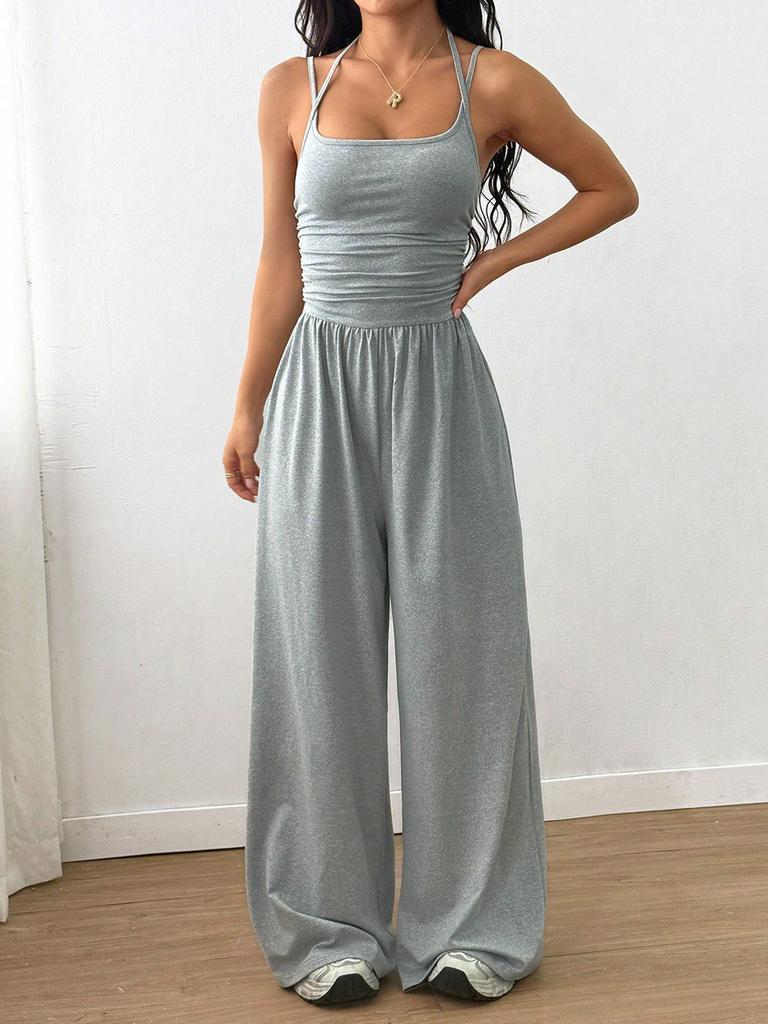 Combinaison d'été à bretelles pour femme, style wrap décontracté, body, jambe large, coupe ample
