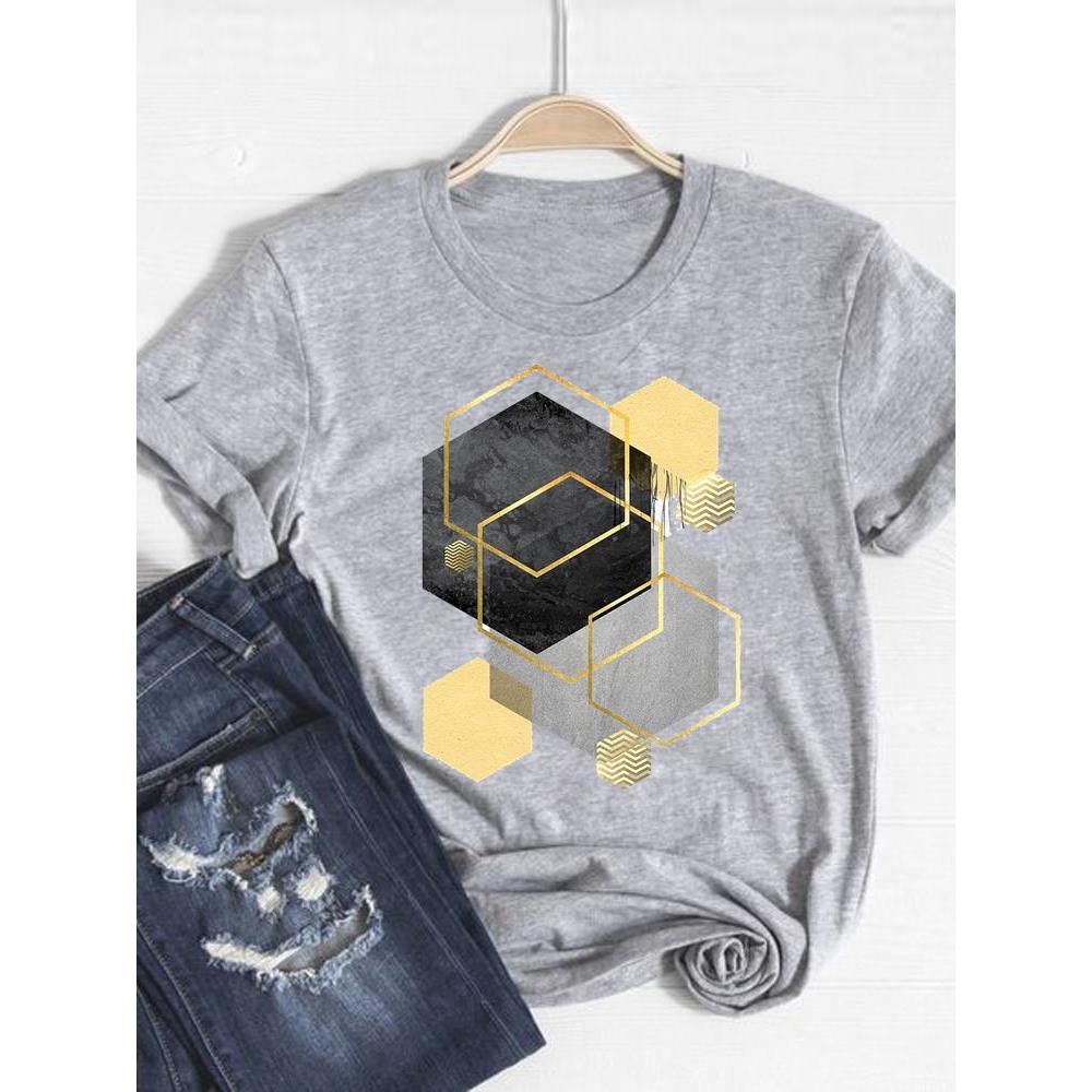 Print T Shirt Short Sleeve Flower Vintage Cute 90s Summer Top Fashion Clothes Women Clothing Gray Basic Tee Graphic T-shirt