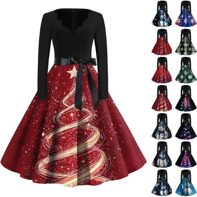 Moda feminina com decote em V casual slim natal estampado vestidos de manga comprida