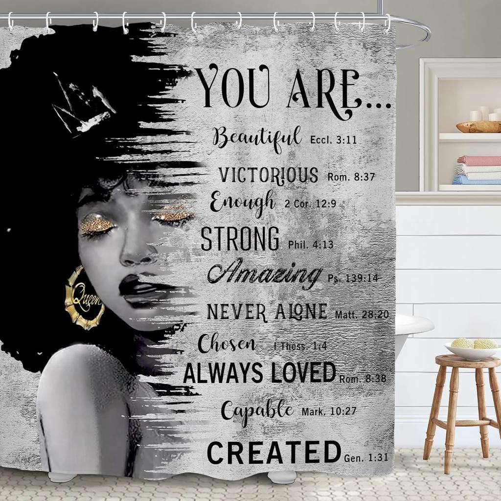 African American Flower Shower Curtain, Black Girl Marble Design, Inspirational Motivational Print, Waterproof Polyester