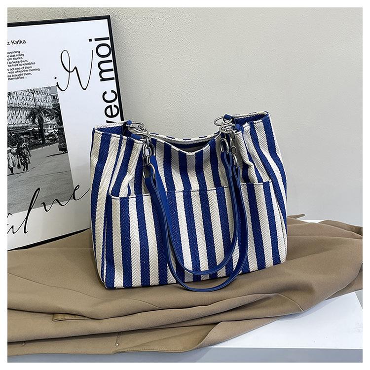 

Вместительная контрастная полосатая сумка-тоут, ретро литературная и художественная ручная холщовая сумка через плечо, повседневная сумка для поездок синий