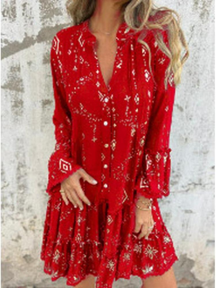 

Plus Size Fashion Hollow Out Flare Lace Sleeves Solid Color Dress for Spring Autumn XS