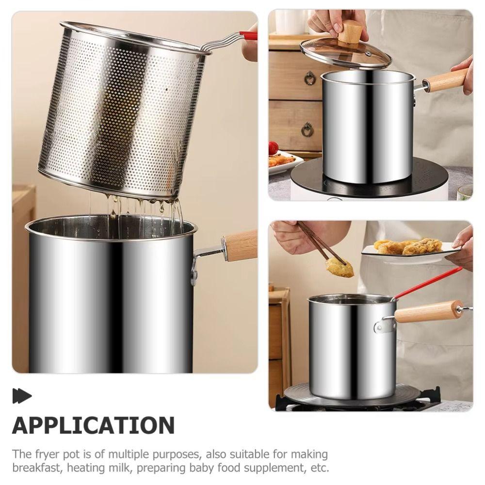 Wood Handle Deep Fryer with Strainer Strainer Basket Milk Warmer Pot Deep Fryer Pot Chicken Frying
