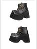 Johnature Retro 10CM Thick Sole Shoes Women's Square Toe Genuine Leather Lace Up Platform Short Boots
