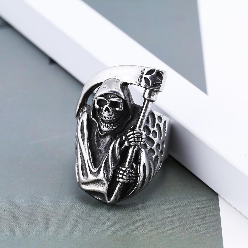 Retro Grim Reaper Scythe Skull Titanium Steel Ring for Men Size 11