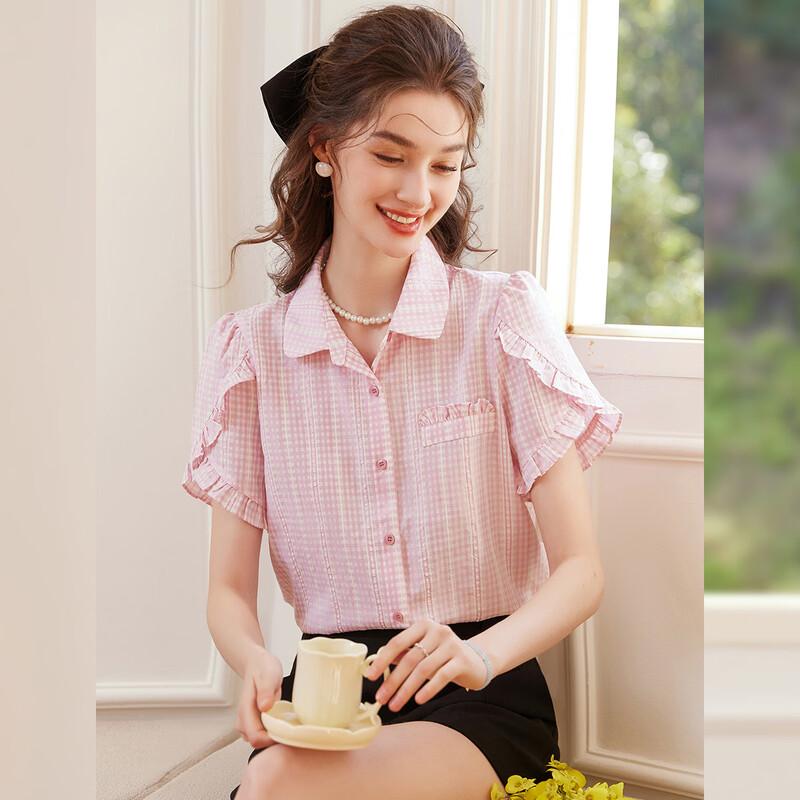 Women s Ruffle Trim Plaid Short Sleeve Blouse L